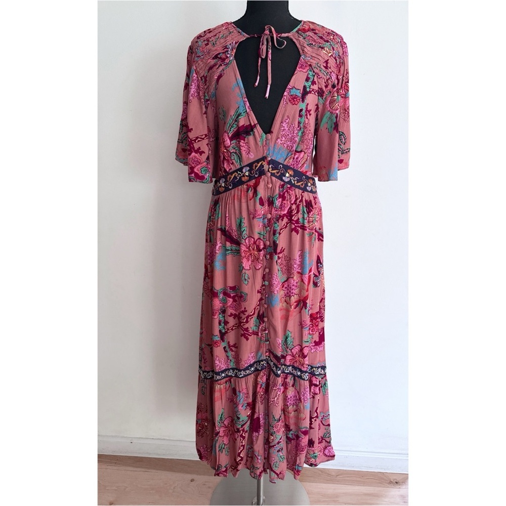 NWT by Anthropologie Floral V-Neck Ruffled Embroidered Boho Maxi Dress SP - Picture 2 of 13